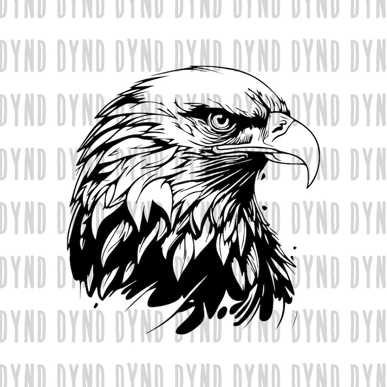 May include: Black and white line art illustration of an eagle's head with a sharp beak and detailed feathers.