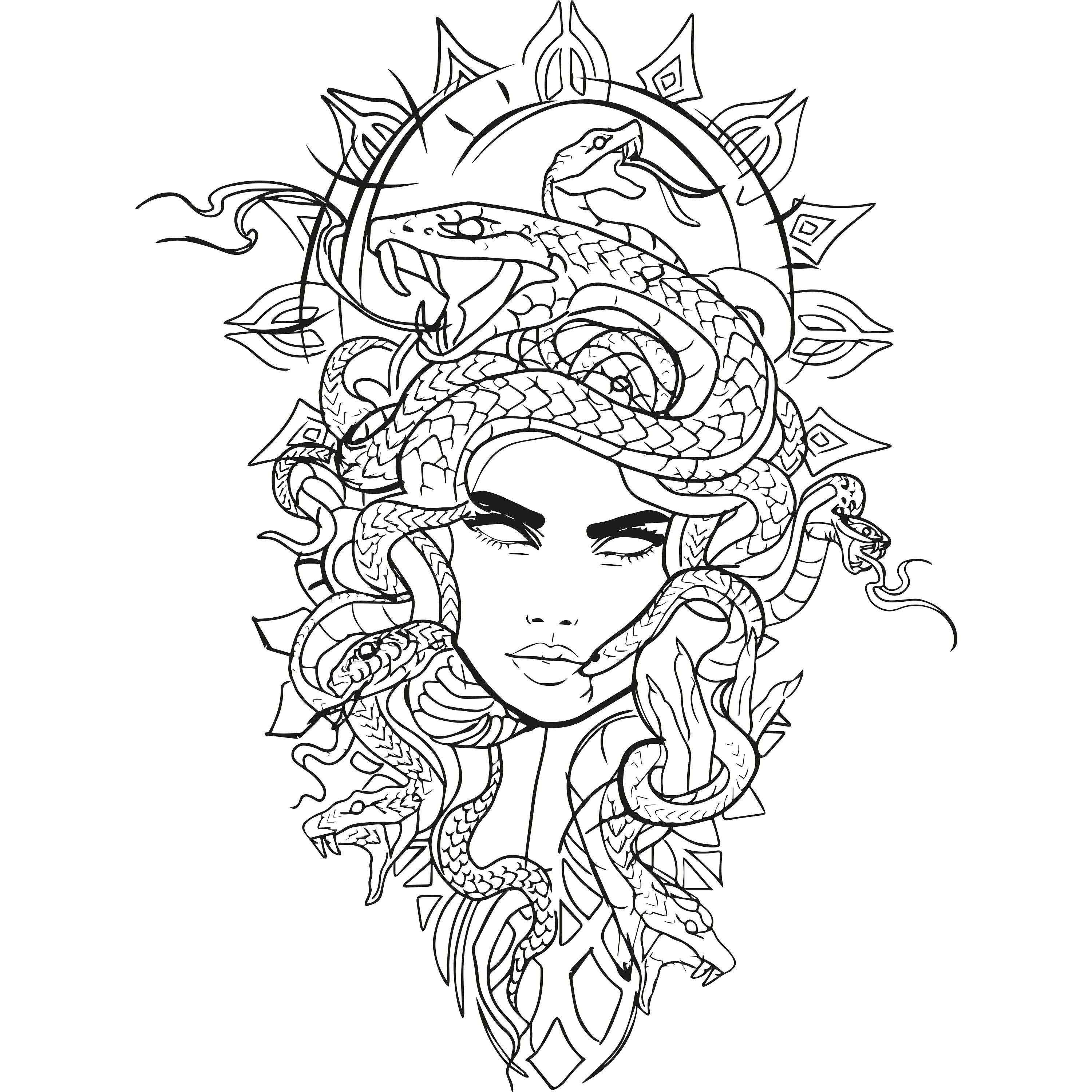 Dark/goth Medusa with white pupils and snake hair. Lilies tattoo idea |  TattoosAI