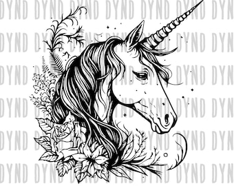 Könnte beinhalten: Schwarz-weiß-Linienkunst-Illustration eines Einhornkopfes mit einem einzigen Horn. Das Einhorn ist von Blumen und Blättern umgeben.