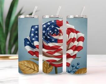 American Flag Rose 20 oz Skinny Tumbler Sublimation Design Digital Download PNG Instant DIGITAL ONLY, Tumbler Wrap