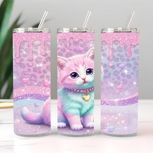 Cute Glitter Cat 20oz Skinny Tumbler Sublimation Design Digital Download PNG Instant DIGITAL ONLY, Tumbler Wrap