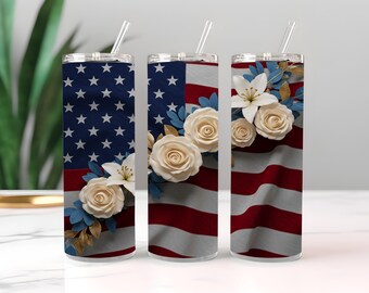 American Flag Flowers 20 oz Skinny Tumbler Sublimation Design Digital Download PNG Instant DIGITAL ONLY, Tumbler Wrap