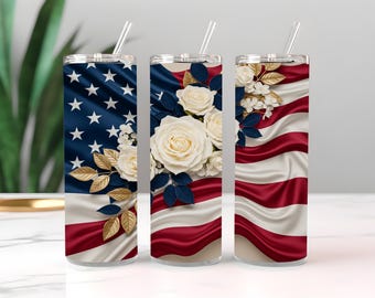 American Flag Flowers 20 oz Skinny Tumbler Sublimation Design Digital Download PNG Instant DIGITAL ONLY, Tumbler Wrap