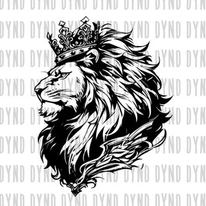 キング ライオン SVG、PNG | 王冠を戴いた王家のライオン SVG、ライオンの頭 SVG、マスコット シャツ | SVG、DXF、クリップアート、シルエット、ベクター、クリカット、昇華 Png