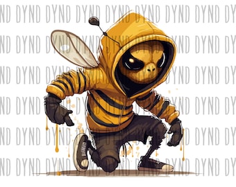 May include: A cartoon bee wearing a yellow hoodie with black stripes and black trainers. The bee has a black and yellow striped body and a pair of black wings.