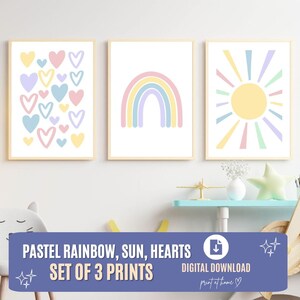 Pastel Rainbow Sun Hearts Set of 3 Print, Pastel Nursery Wall Art, PRINTABLE Wall Art, Girl Nursery Decor, Kids Room Decor, DIGITAL DOWNLOAD