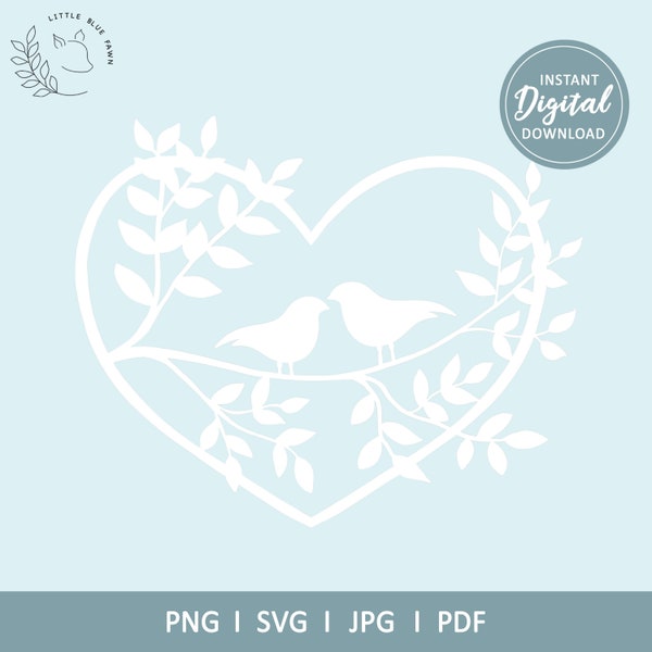 Love Birds Foliage Heart SVG for Cricut, Silhouette, Two Birds on a tree branch vector, Wedding cut file, Anniversary Clipart, Romantic PNG