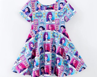 Retro Foto Print Kleid, Mädchen Pop Star Outfit, Comic-Kleid, Musik Tour Twirl Kleid, Kleinkind Tellerrock