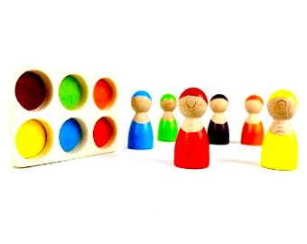 Rainbow '6 Friends' Set of Wooden Sorting & Matching Rainbow Peg Dolls with Rectangle Storage Tray, gift for baby, educatinal toys for kid