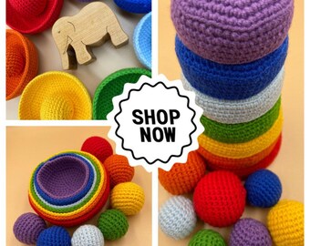 Ciotole abbinate all'uncinetto arcobaleno e palline di smistamento, giocattolo di abbinamento colori Waldorf e Montessori, giocattolo impilabile arcobaleno, gioco di smistamento