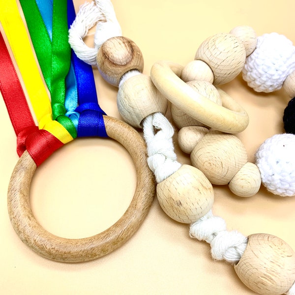 Hand Kite Set, Gripping Ring, Grasping Bead, Montessori Materials,Baby Ribbon Ring, Rainbow Hand Kite, Baby Sensory Toy, educational toys
