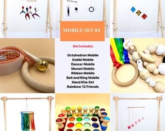 Montessori Mobile Set, Munari Mobile, Gobbi Mobile, Oktaeder Mobile, Tänzer Mobile,Bandmobile,Klingelring, 12 Zapfenpuppen