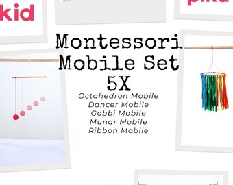 Montessori Mobile Set, Set of 5x, Munari mobile, Gobbi mobile, Octahedron Mobile, Dancers Mobile, ,Ribbbon Mobile, Newborn Montessori Set