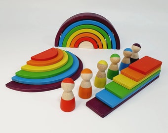 Wooden Rainbow Stacking Toy Set 25 pieces, Rainbow , Building Boards, Montessori Baby Toy, Waldorf Toddler Toys, Christmas, Birthday Gift