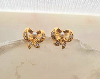 Romantic bow earrings with seed beads and diamonds made of high-quality 750 18kt yellow gold