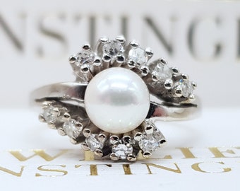 Vintage Bridal Ring Pearl Diamonds 585 14k White Gold 52 16,5