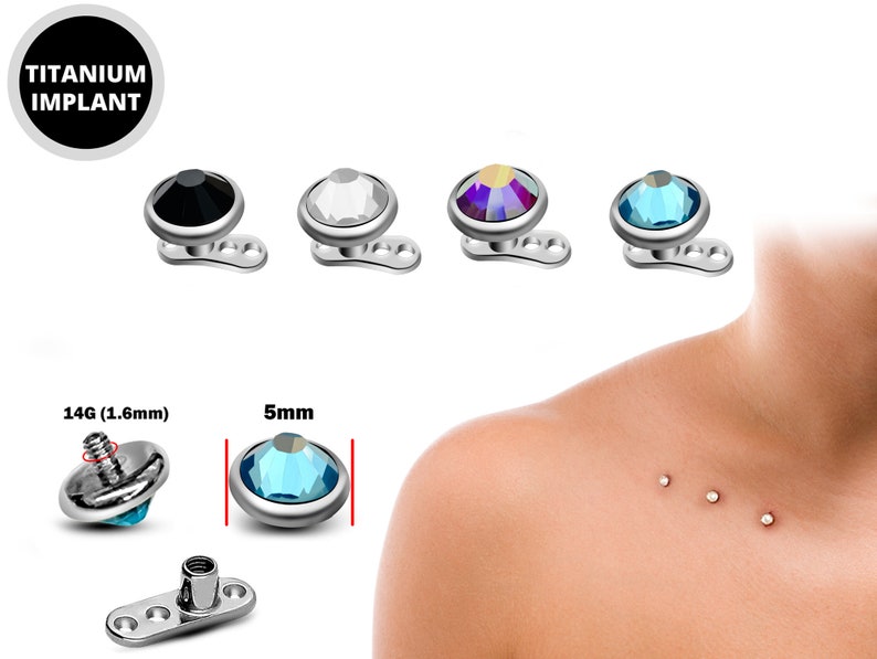 Piercing d'ancrage cutané interne, perçage d'os de collier avec cristal CZ gemme-bijoux de peau d'implant cutané en titane 14G image 1