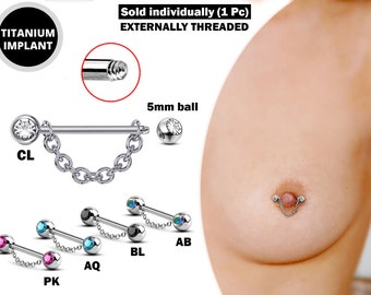 Nipple Barbell Front Gem CZ Crystal with Piercing Chain  - Titanium Nipple Jewelry Studs 16g 14g Nipple Shield - Externally Threaded