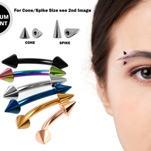 Spike Eyebrow Jewelry Piercing Barbell Coloured Curved Bar - Titanium Cone/Spike 20G 18G 16G 14G - Also for Rook, Lip Piercing, Anti-Eyebrow