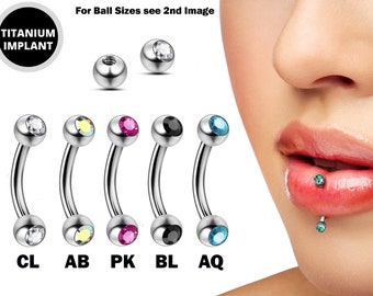 Piercing pour les lèvres à goujon labret vertical en titane avec cristal de boule de gemme - Barre incurvée 18g 16g 14g - Goujon également perçant pour anti-sourcil, goujon Rook