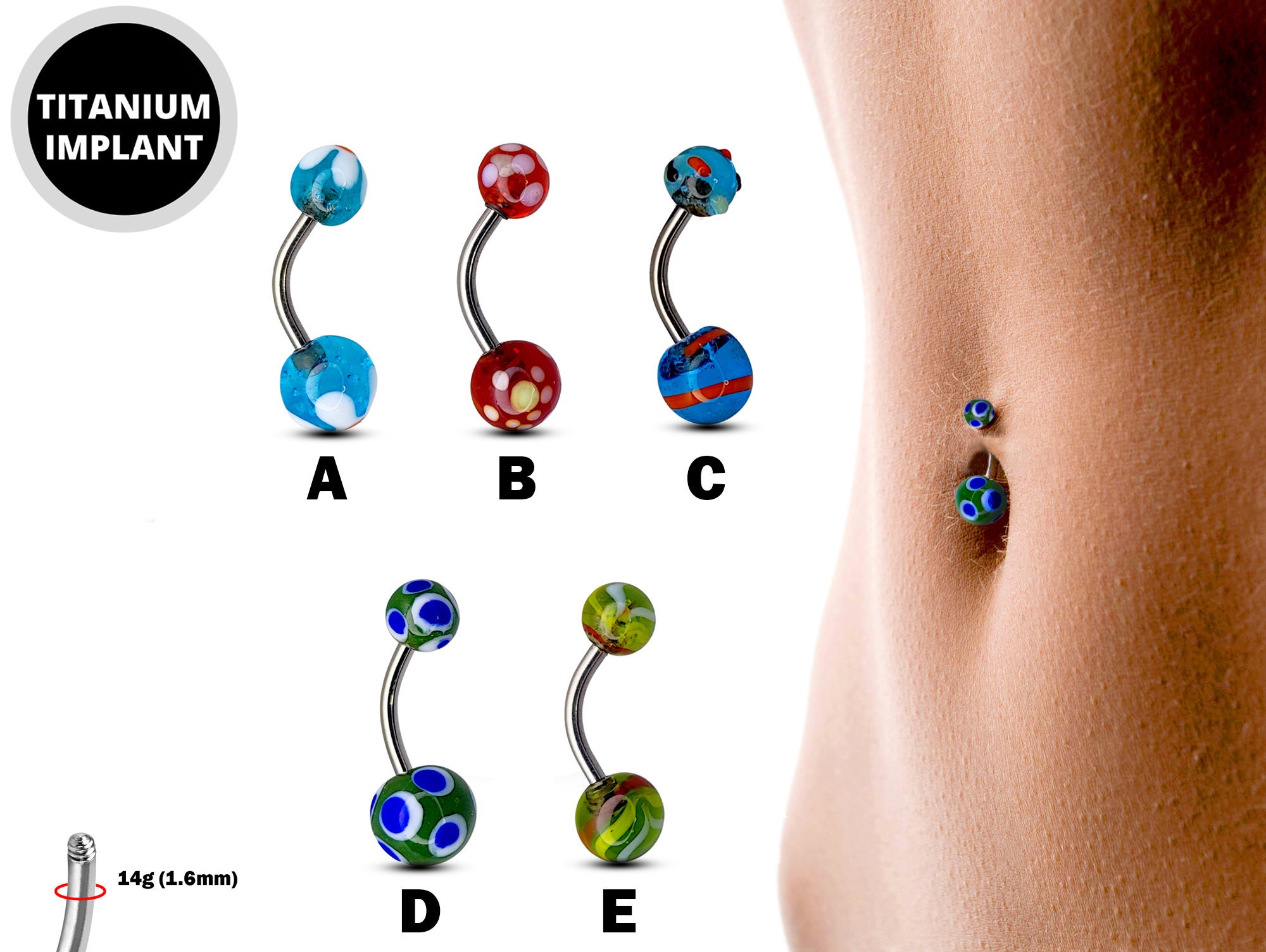 Titanium Glass Pattern Belly Ring Navel Ring 14g Double Fancy