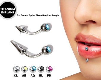 Titanium Spike Vertical Labret Stud Lip Piercings with Gem Crystal- Spikes / Cone 18g 16g 14g Curved Bar - Stud for Anti- Eyebrow, Rook
