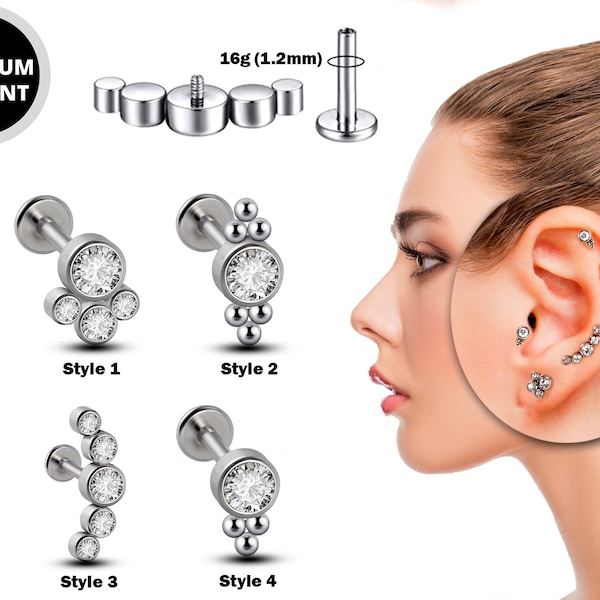 Titanium Tragus Earring 16g Lobe Piercing Earring Jewelry with CZ Crystals - Labret Ear Stud Cartilage, Helix, Upper Ear, Conch, Lip Studs