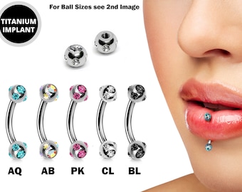 Titanium Vertical Labret Stud Lip Piercings with Multi Stone Ball - 18g 16g 14g Curved Bar - Also Piercing Stud for Anti- Eyebrow, Rook Stud