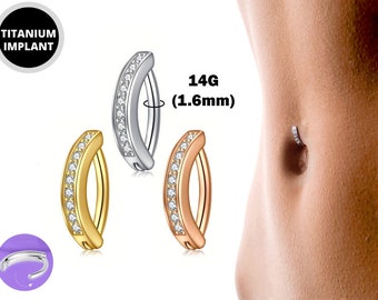 Titanium Reverse Clicker Belly Button Ring, Belly Bar with CZ Crystal Sets - 14G Belly Bar Size 10mm - Gold, Rose Gold, Silver Tone