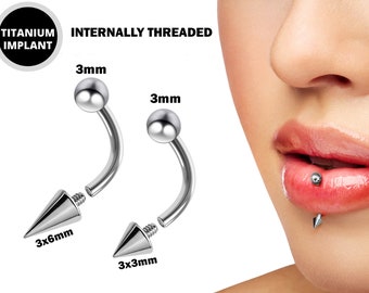 Spike Vertical Labret Stud Lip Piercings -  Internally Threaded Titanium Spikes / Cone 16g 14g Curved Barbell Piercing for Lip Jewelry