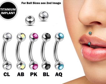 Titanium Jestrum Jewelry, Vertical Medusa Lip Jewelry with Gem Ball Crystals - 18g 16g 14g Curved Bar - Also Piercing Stud for Eyebrows