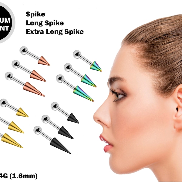 Cartilage Piercing, Spike Helix Earring with Colorful Top Spike, Long Spike & Extra Long Spike Barbell Earring - Titanium 14G (1.6mm)