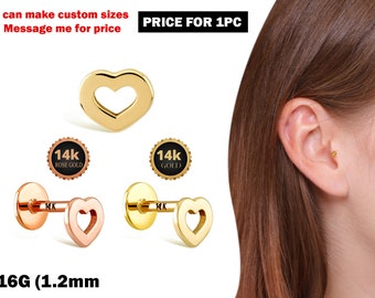 16G Heart Labret Lip Piercing made from solid 14K Gold and Rose Gold Body Piercing for Tragus, Medusa Lip, Ashley studs Internally Threaded