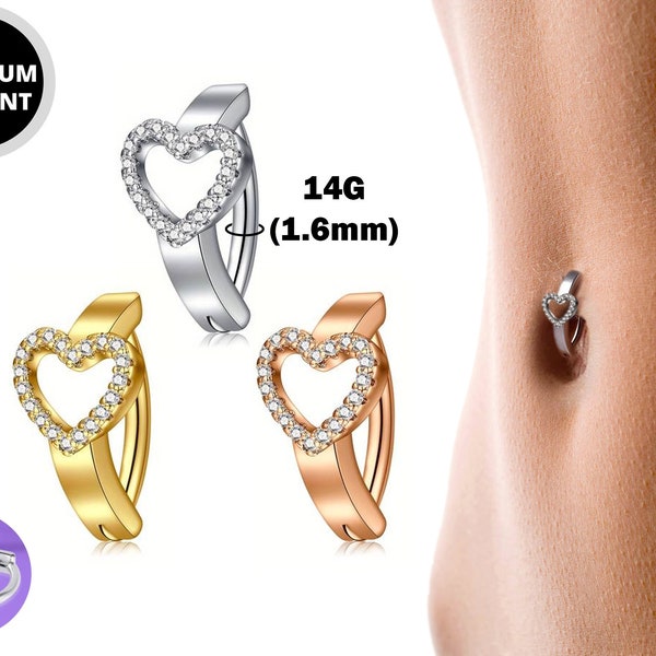 Titanium Reverse Heart Clicker Belly Ring, Navel Ring with CZ Stone Crystals - 14G Belly Bar Size 10mm - Gold, Rose Gold, Silver Tone