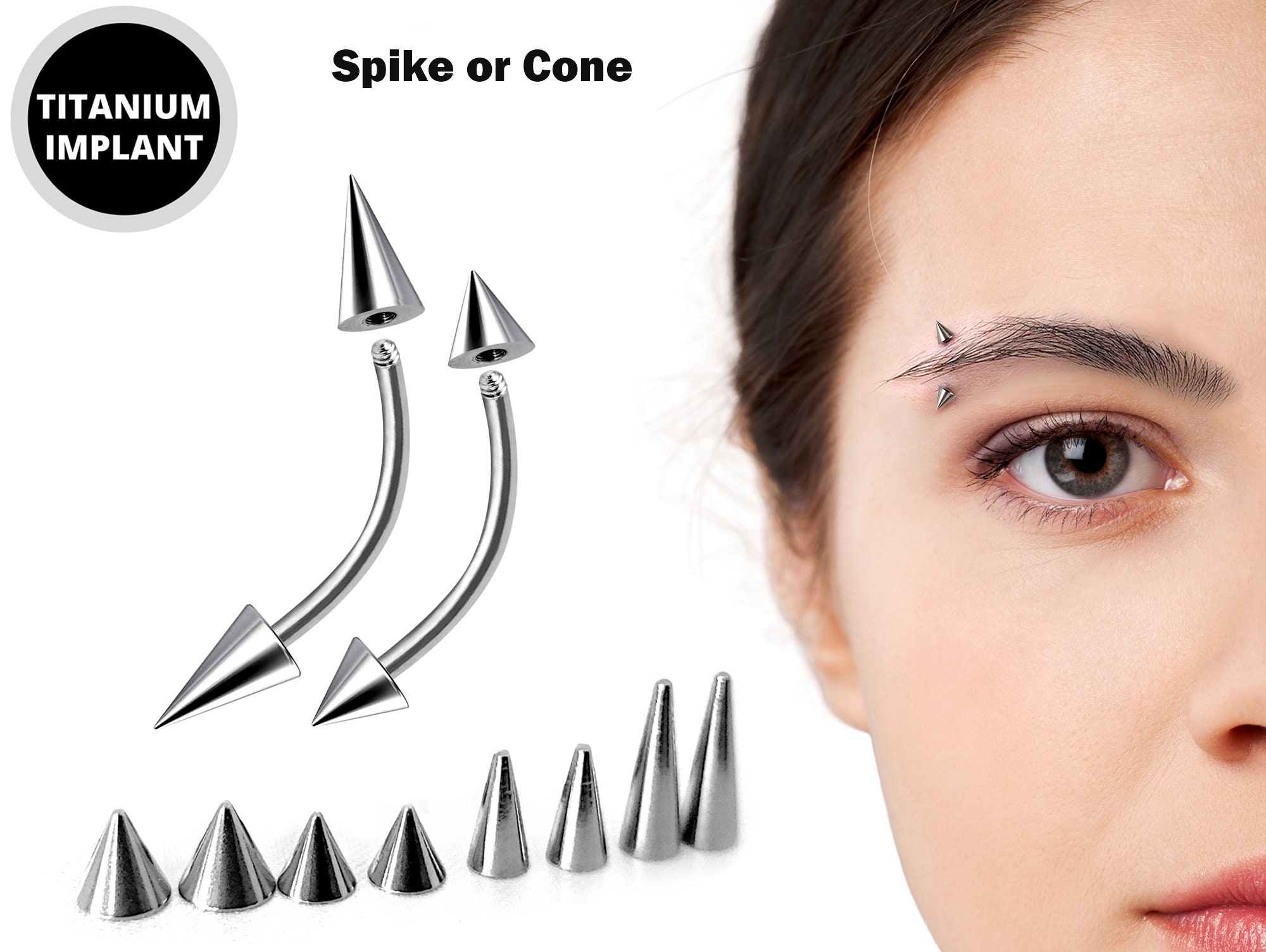 Cone / Spike Eyebrow Piercing Jewelry Titanium Curved Bar 18g 16g