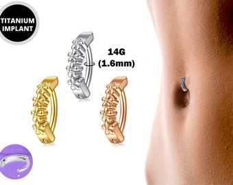 Titanium Reverse Clicker Belly Ring, Flower Design Navel Ring - 14G Belly Bar Size 10mm - Gold, Rose Gold, Silver Tone