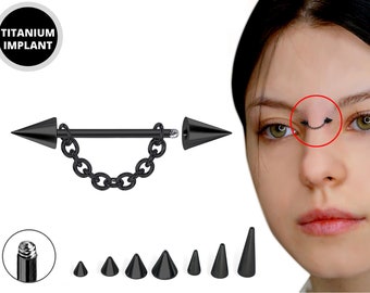 Black Cone / Spike Nose Bridge Barbell Upper Nose Piercing with Steel Chain - 18G 16G 14G Straight Barbell - Choose Spike and Cone Size