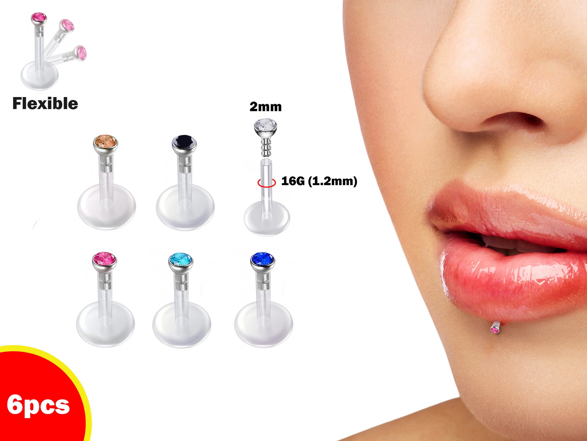 7PCs Bioplast Flexible Tongue Piercing Bar Sparkling Multiple Candy Colour  Set | eBay