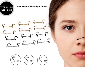 Nasallang Nostril Screw Piercing, 2pcs Ball-Cone-Spike Nostril Studs with Chain Piercing - Nose Piercing, Nostril Jewelry in many Colors