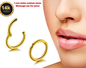 14K Gold Septum Nose Clicker Ring, Lip Piercing Hinged Ring - 20G, 16G Clicker Hoops Body Jewellery Ring - Solid Gold Piercings