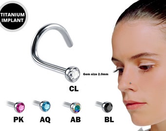 Nostril Screw Studs, Indian Nose Ring - 23g 20g 18g Titanium Nose Piercing with CZ Crystals - Curved Nose Ring, Nostril Jewelry, Nasallang