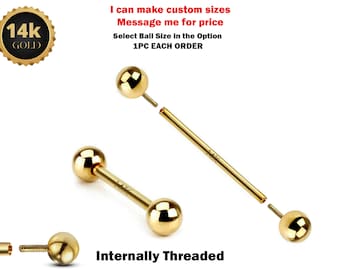 14K Solid Gold Internal Threaded Barbell Piercing - 14K Gold Body Piercing for Ears, Tongue, Nipples Jewelry, Cartilage Bar - 14G 16G