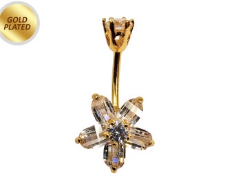 Flower Silver Belly Button Ring, Belly Piercing Curved Barbell in Gold Plating - 14G Length is 10mm