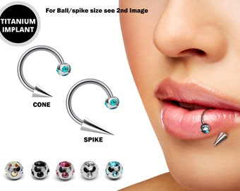 Horse Barbell Lip Ring with Multi Crystal Ball and Spike - Titanium 18g 16g 14g Lip Hugger Piercing, Canine Bites, Shark Bites, Lip Jewelry