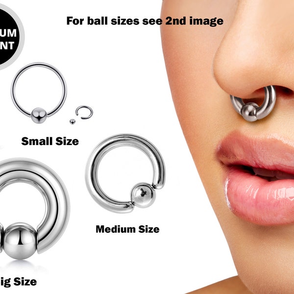 Ball Hoop Septum Ring, CBR Closure Ball Nose Ring, Spring Ball BCR - Titanium 18G-6G Small - 8G to 00G Large Gauge Nose Hoops - Captive Ball