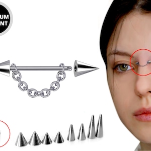 Cone / Spike Nose Bridge Barbell Upper Nose Piercing with Steel Chain - 20G 18G 16G 14G Straight Barbell - Choose Spike and Cone Size