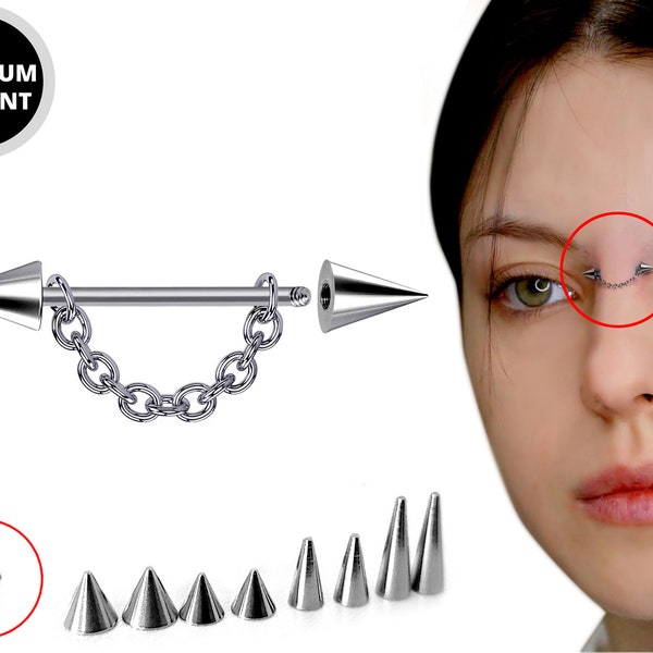 Cone / Spike Nose Bridge Barbell Upper Nose Piercing with Steel Chain - 20G 18G 16G 14G Straight Barbell - Choose Spike and Cone Size