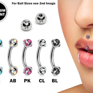 Titanium Jestrum Jewelry, Vertical Medusa Lip Jewelry with Multi Stone Crystals - 18g 16g 14g Curved Bar - Also Piercing Stud for Rook Ear