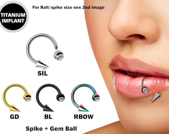 Horseshoe Lip Ring with Clear Gem Ball and Spike - Titanium 18g 16g 14g Lip Hugger Piercing, Canine Bites, Shark Bites, Lip Jewelry