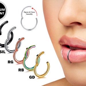 Titanium Lip Ring, Lip Hugger - 20g 18g 16g 14g Lip Piercing Hinged Ring - Clicker Hoops Steel, Gold, Rosegold, Black, Rainbow